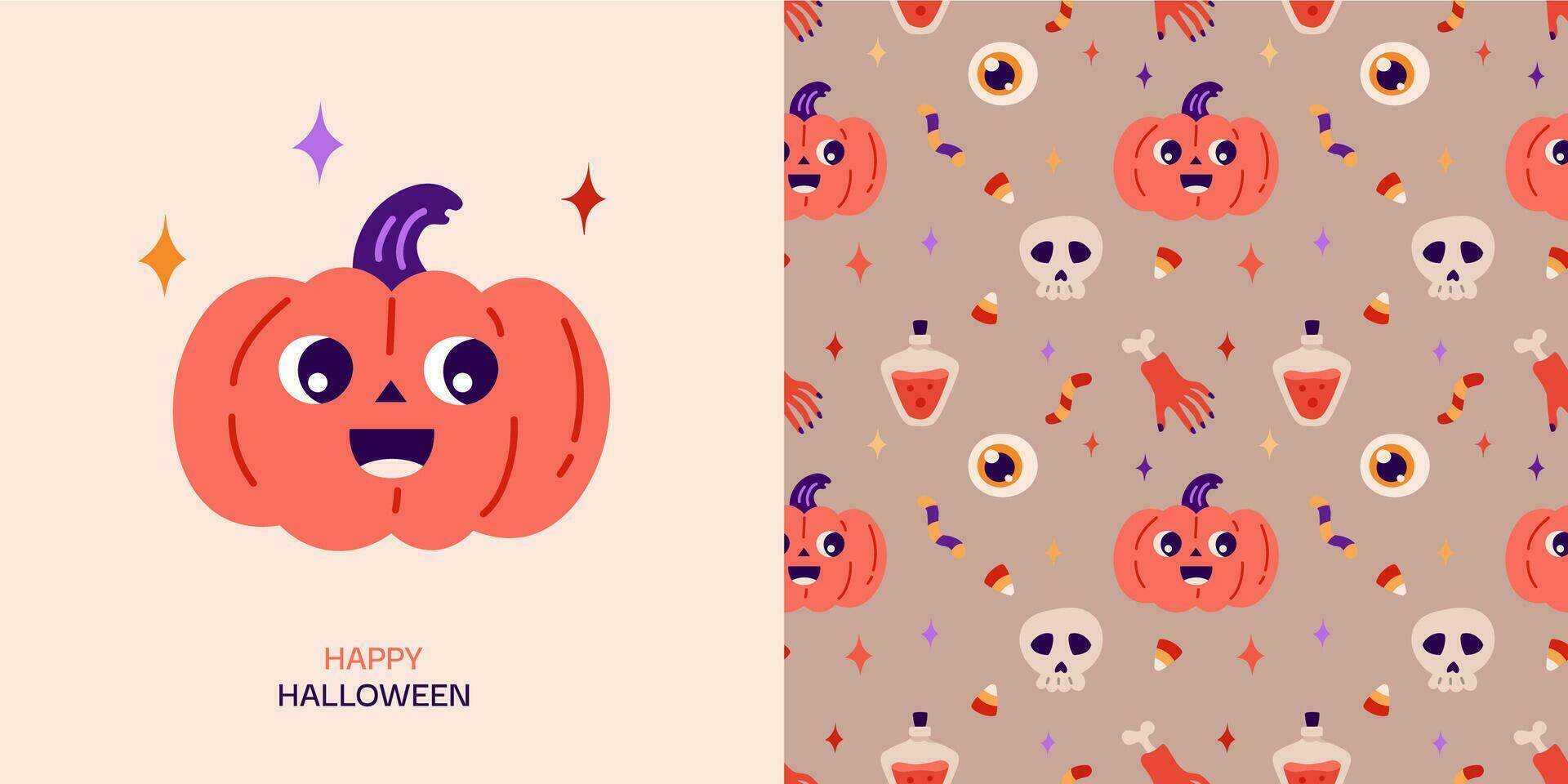 Happy Halloween greeting card and seamless pattern. Cute vector illustration with pumpkin, hand with bone, candy, potion, skull, eye.