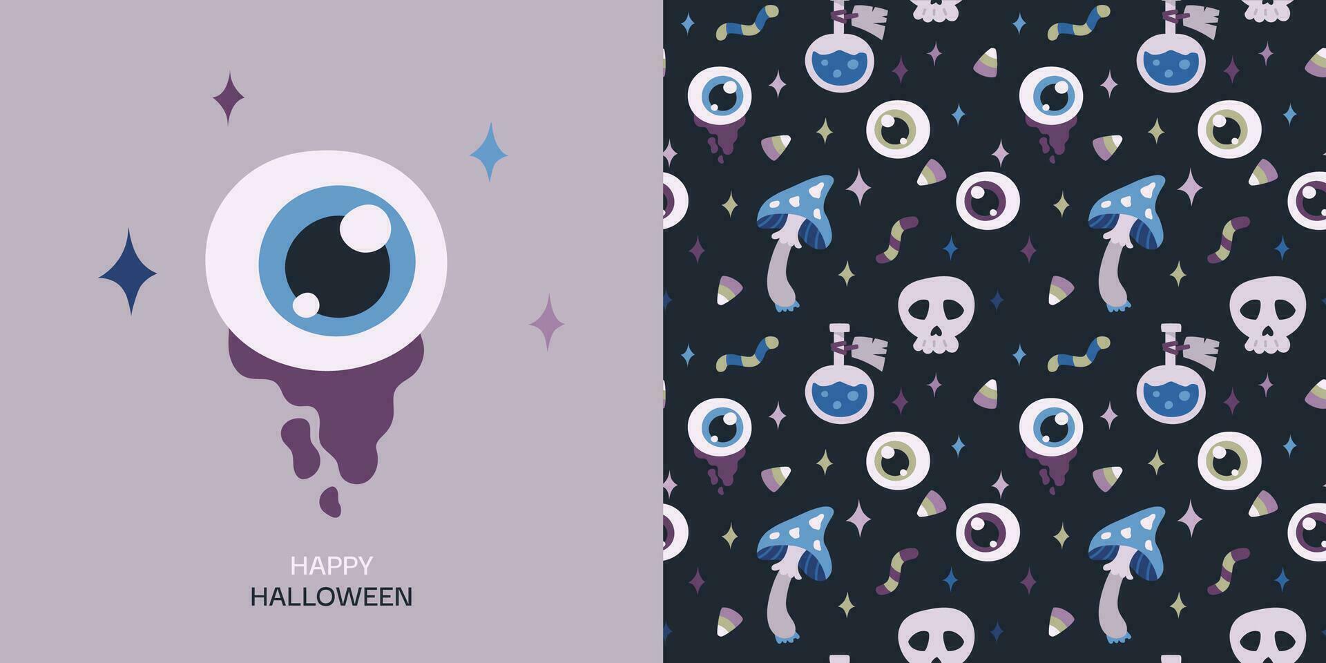 Happy Halloween greeting card and seamless pattern. Cute vector illustration with eye, potion, skull, mushroom, candy on dark blue background.