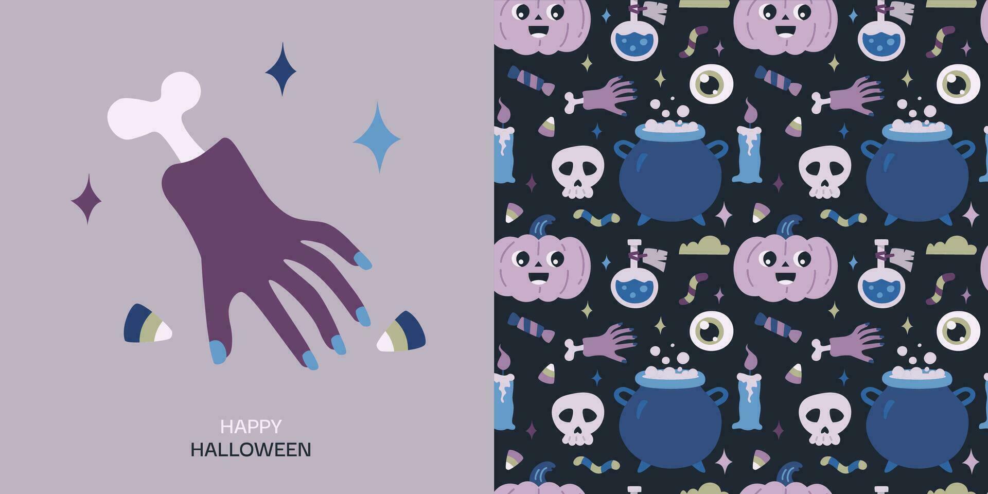 Happy Halloween greeting card and seamless pattern. Cute vector illustration with pumpkin, hand with bone, candy, potion, skull, cauldron, candle on dark blue background.