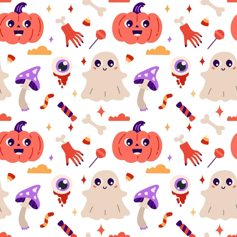 Happy Halloween. Seamless pattern. Cute vector illustration with pumpkin, hand with bone, mushroom, candy, ghost.