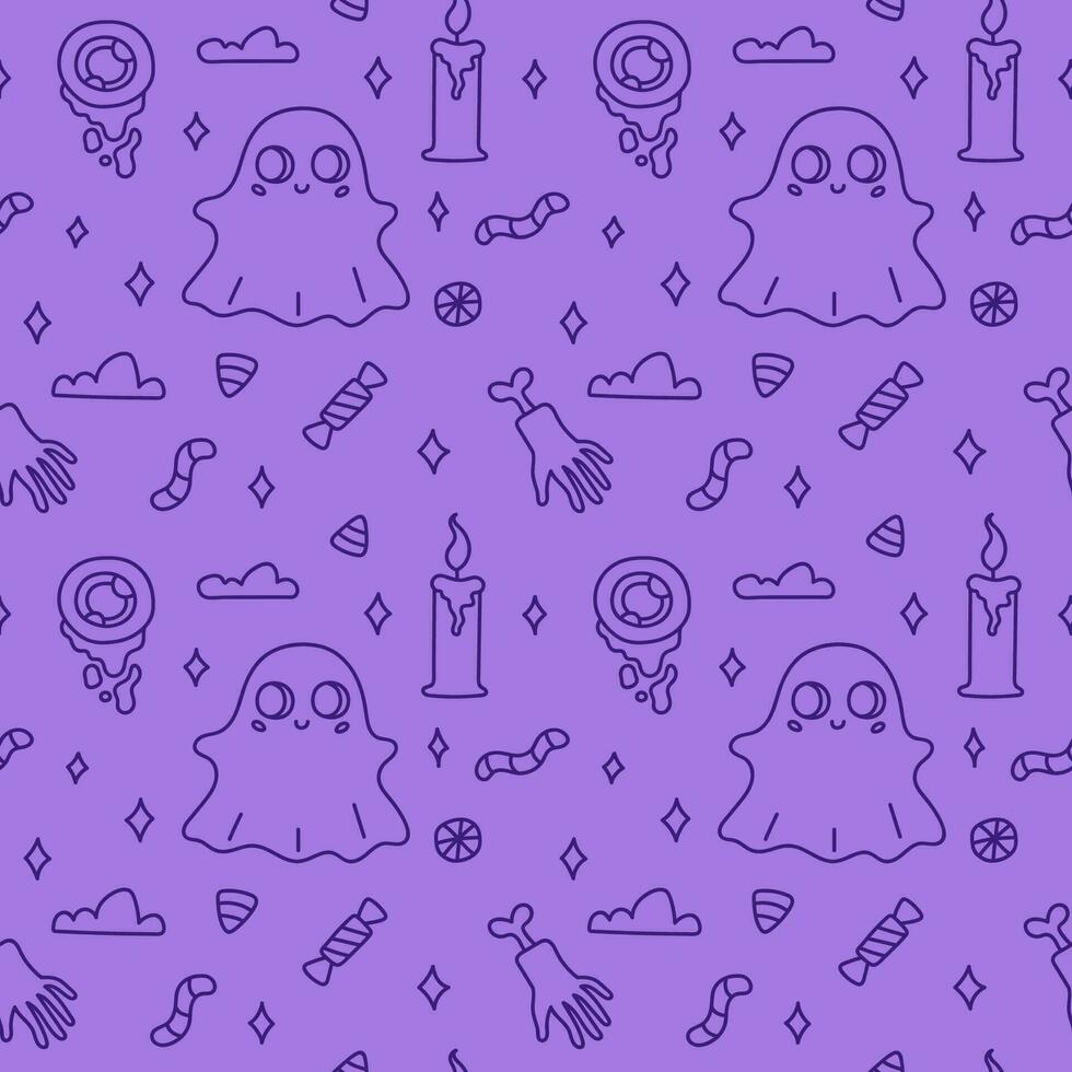 Happy Halloween. Seamless pattern. Cute doodle vector illustration with magic ghost, candy, eye, candle, hand with bone on purple background.