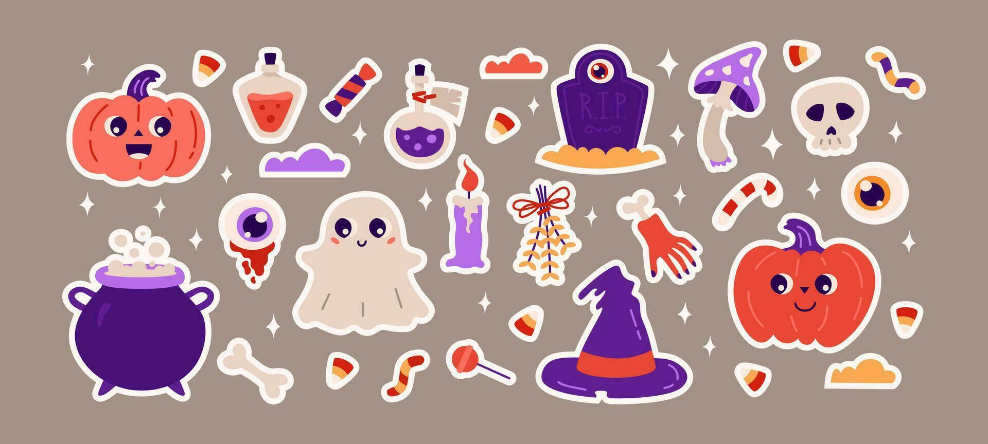 Happy Halloween collection. Set of stickers. Cute cartoon vector illustration with magic hat, pumpkin, candy, candle, skull, mushroom, potion, headstone, cauldron.