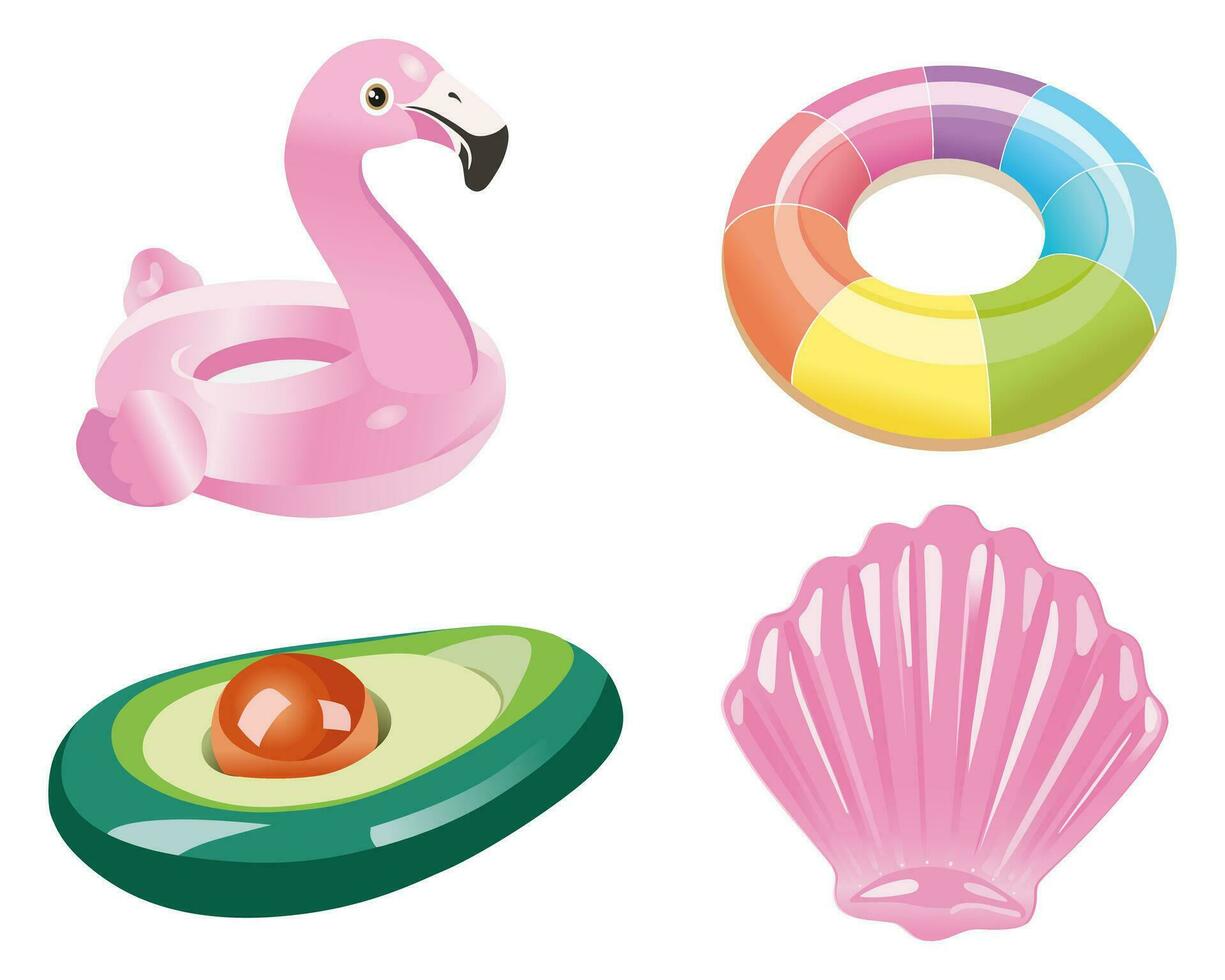 Inflatable swim ring cartoon vector illustration flamingo, avocado, seashell