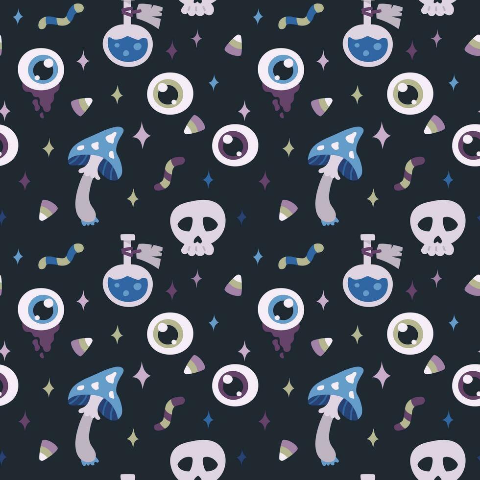 Happy Halloween. Seamless pattern. Cute vector illustration with eye, potion, skull, mushroom, candy on dark blue background.