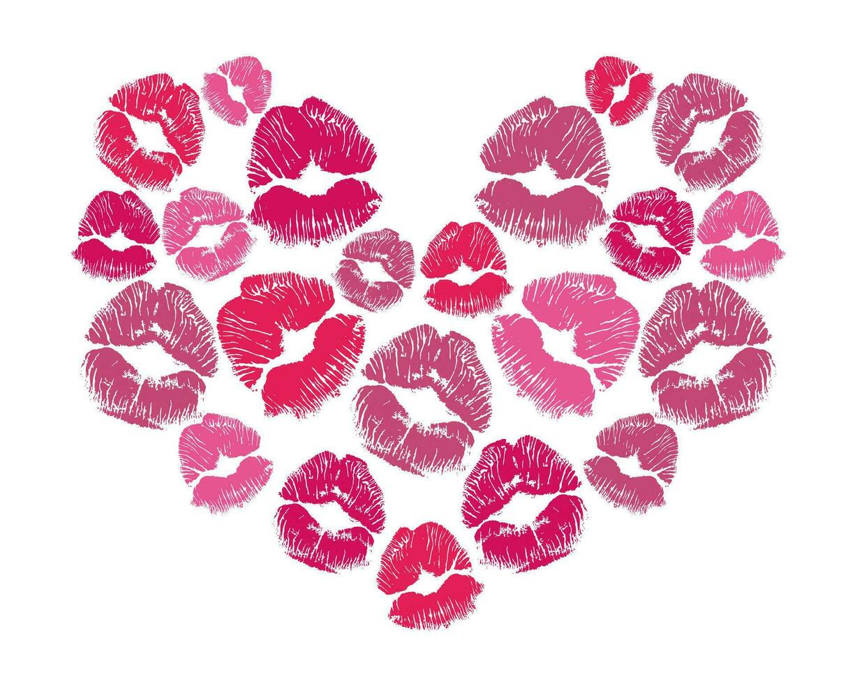 Happy Valentines heart made of kisses lips. Romantic love confession. Isolated on background vector