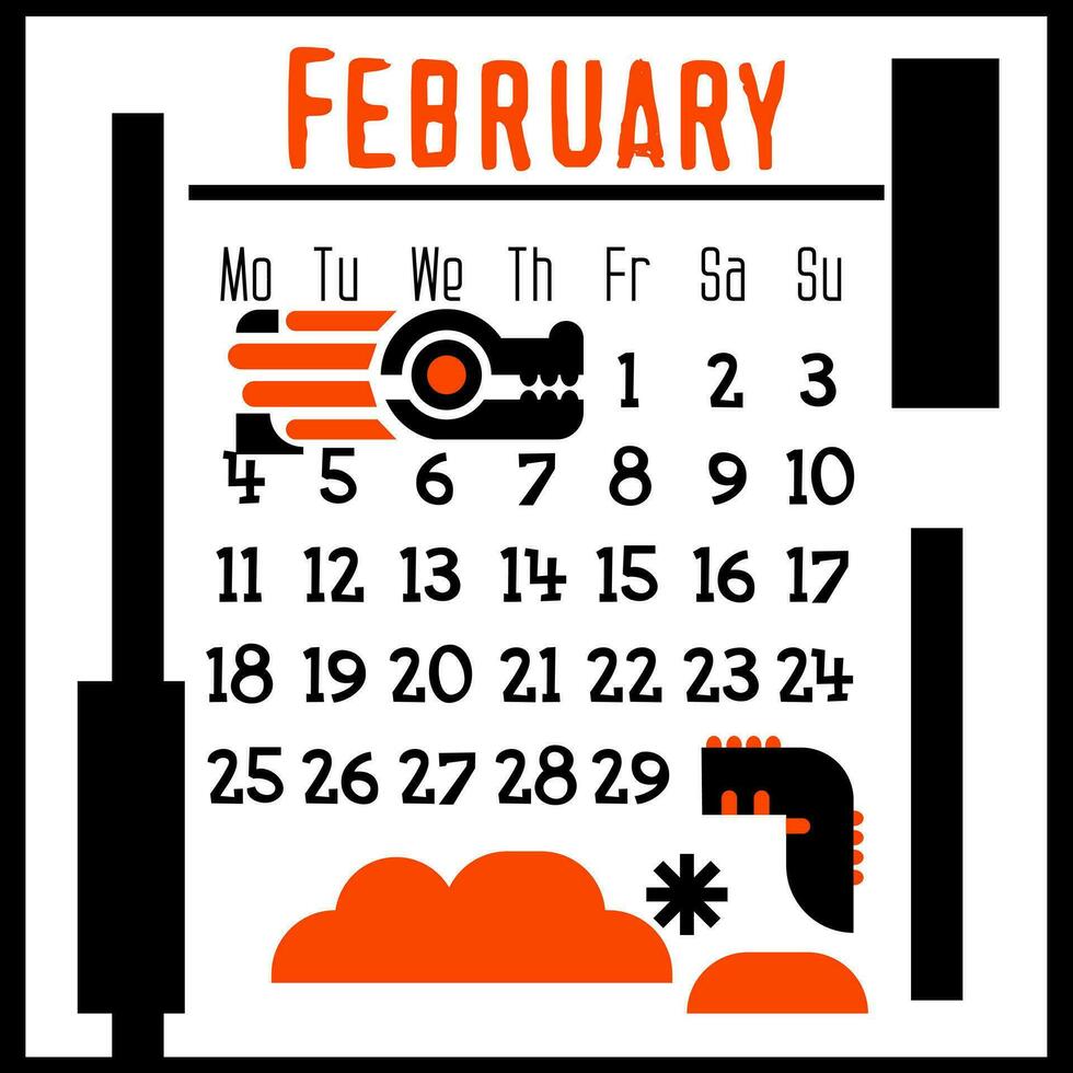A square calendar page for February 2024 with a cute geometric dragon. Isolated on a white background. The symbol of the year of the dragon. dragon in the snowdrifts Vector illustration. Black Orange