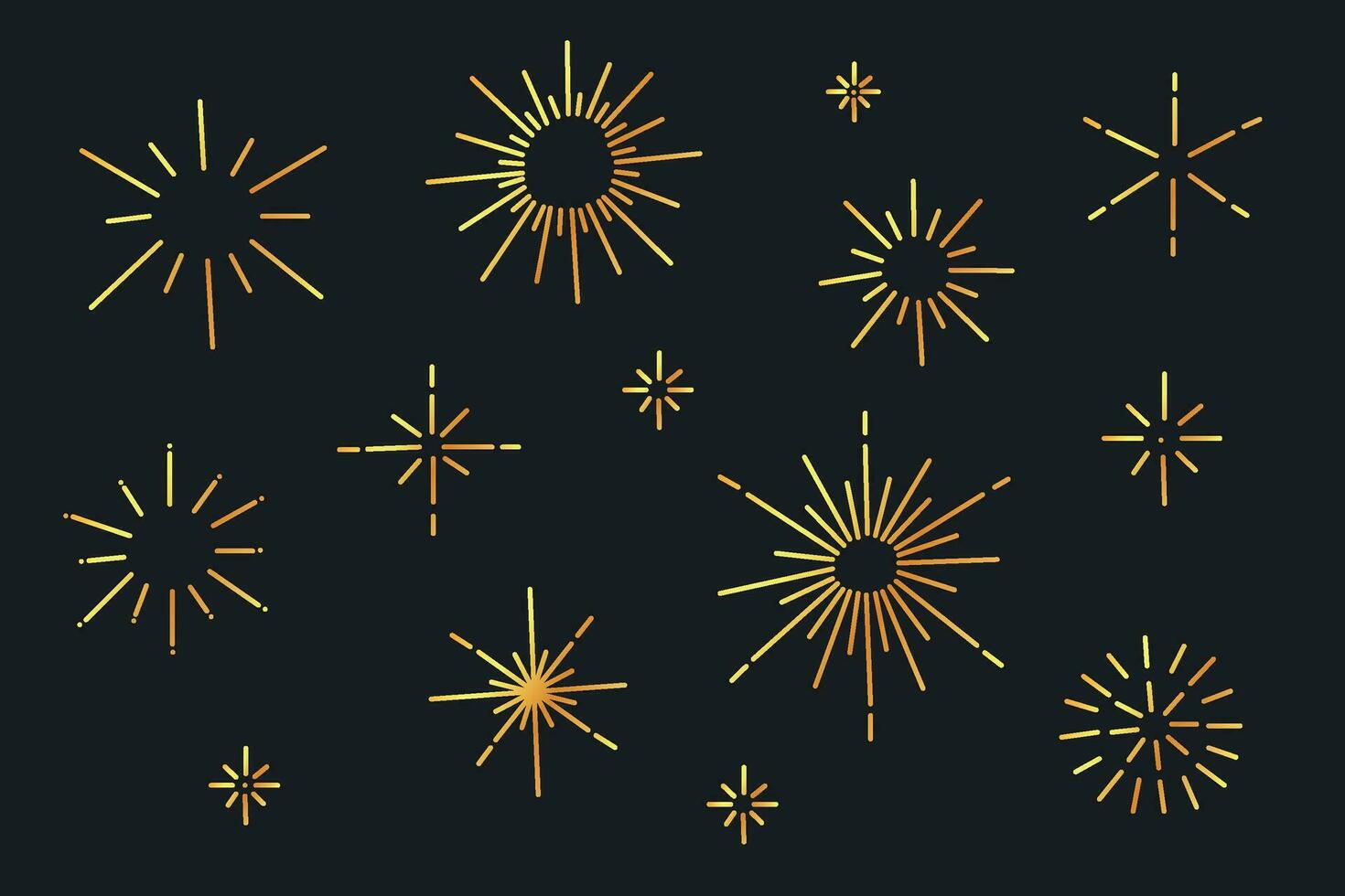 Set of golden gradient shapes isolated on a dark background. Metallized figures in the shape of stars and the sun, sparkling elements. vector