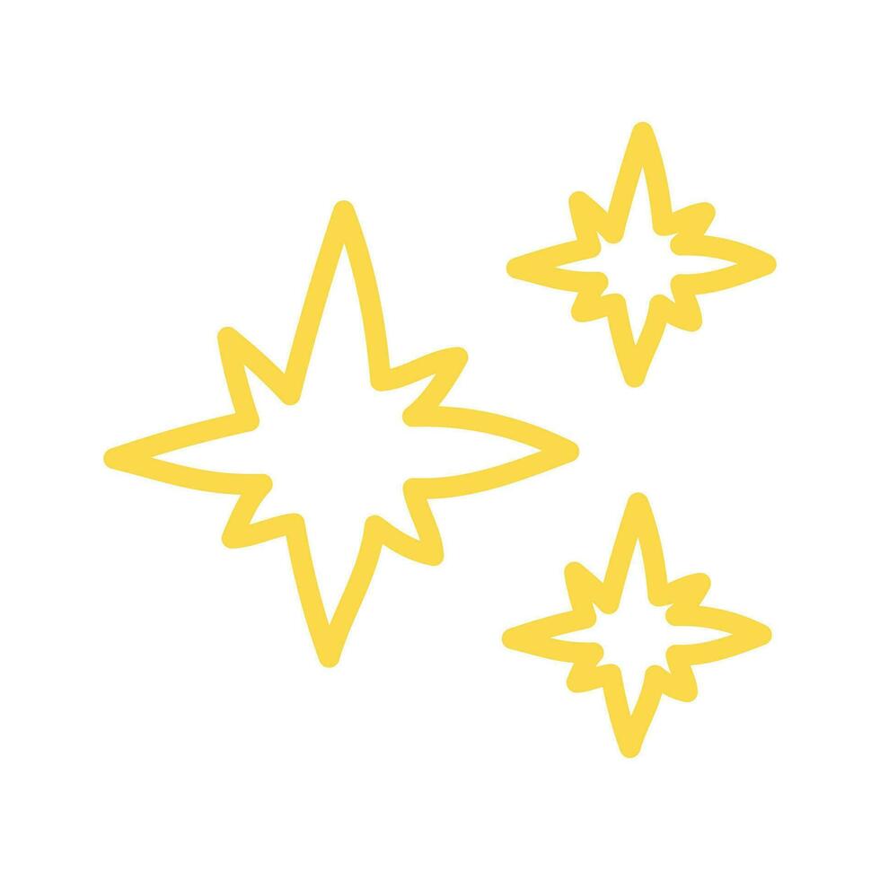 Three cute yellow doodle stars of different sizes isolated on a white background. Cute kawaii drawings, children's illustration. vector