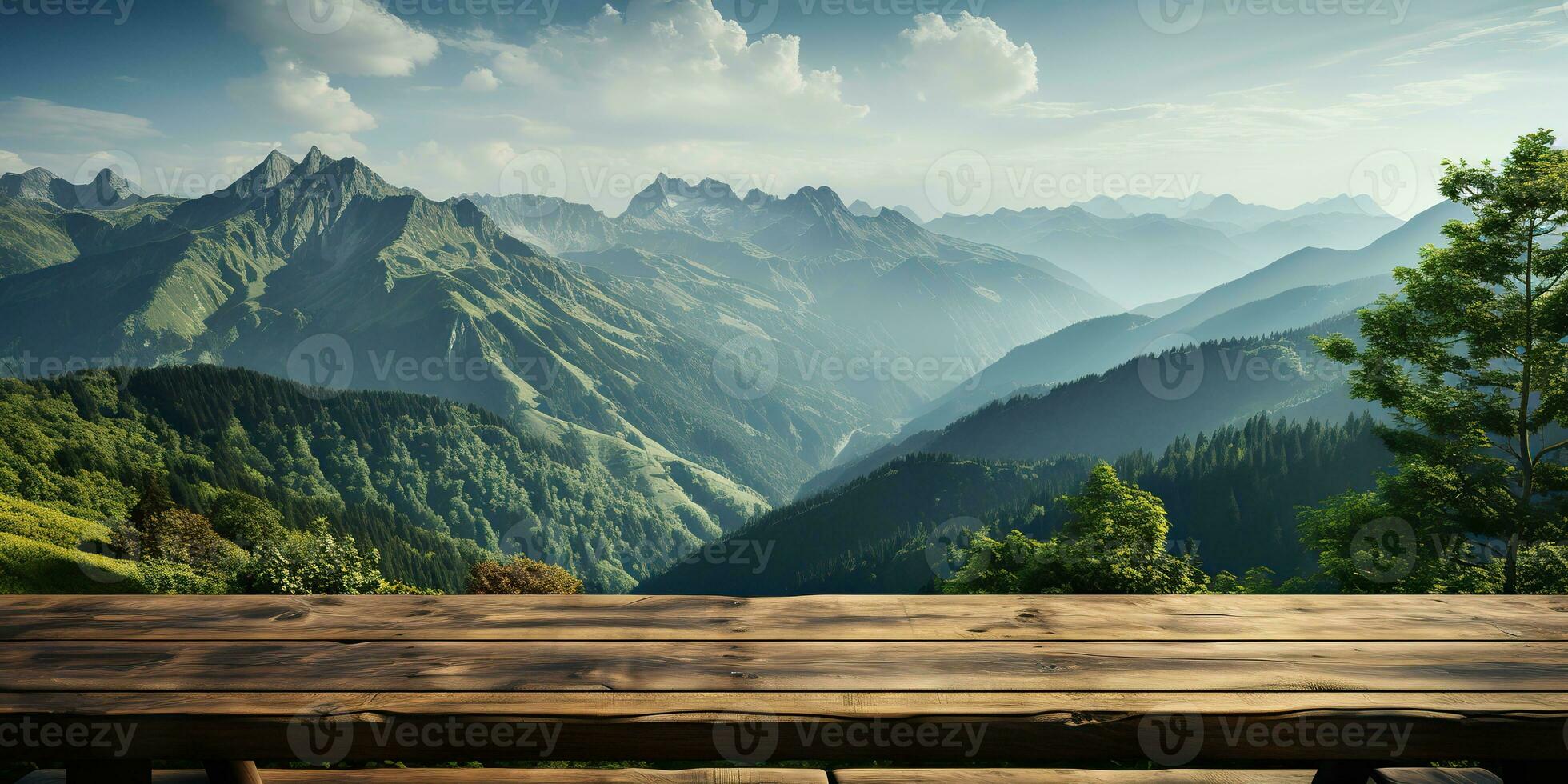 AI Generated. AI Generative. Wooden table nature outdoor forest mountain nature landscape background. Graphic Art photo