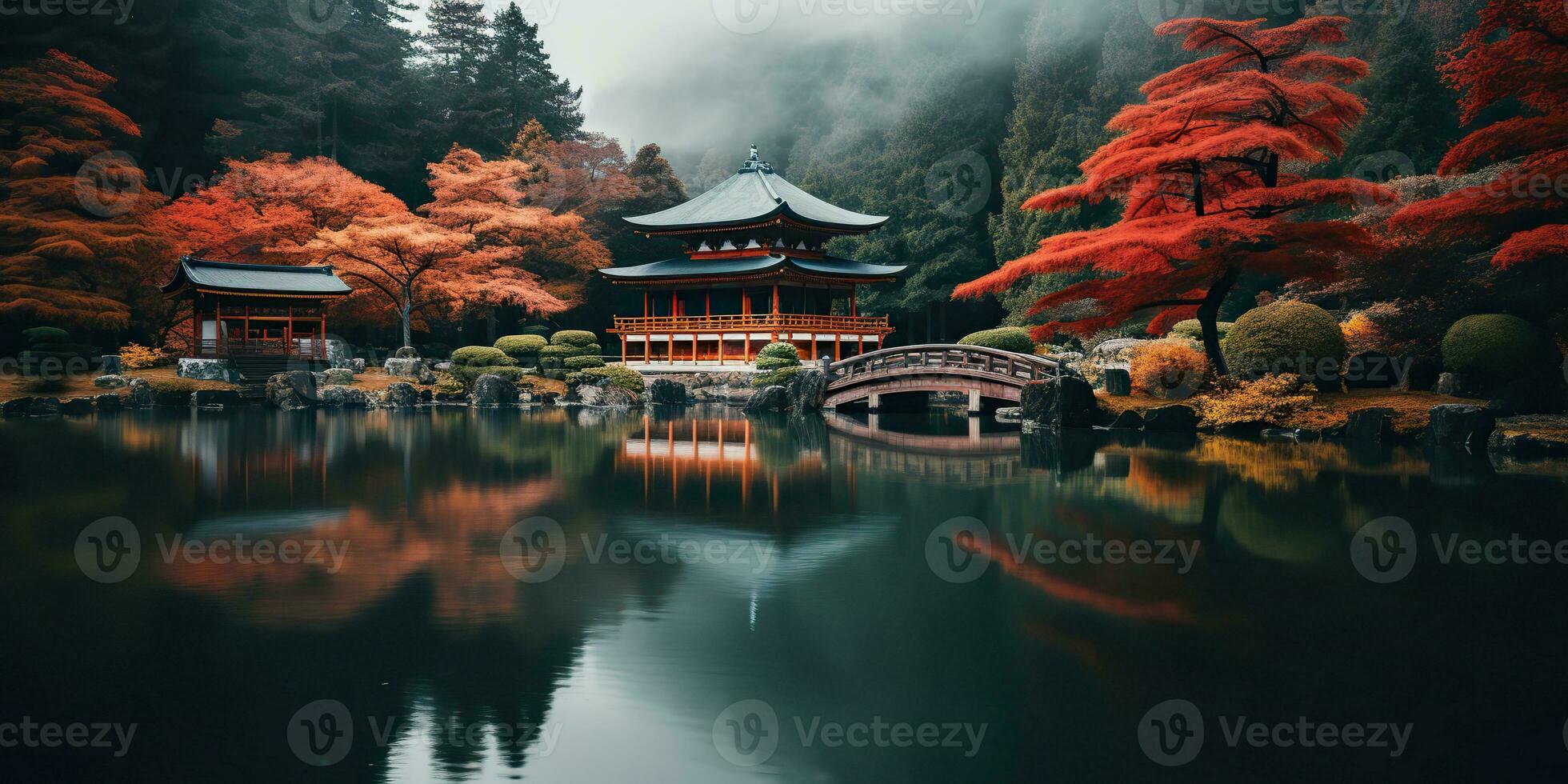 AI Generated. AI Generative. Traditional history asian Japanese Chinese temple building tower garden nature outdoor background. Graphic Art photo