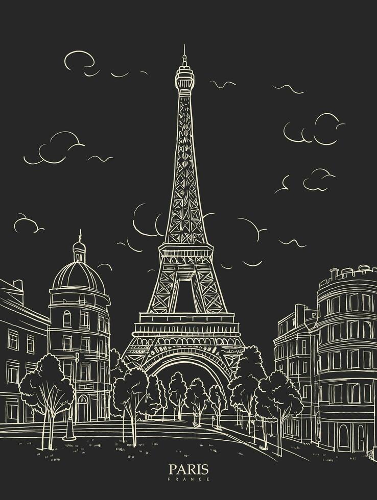 Eiffel Tower in Paris city landscape, minimalism, line art, black background vector