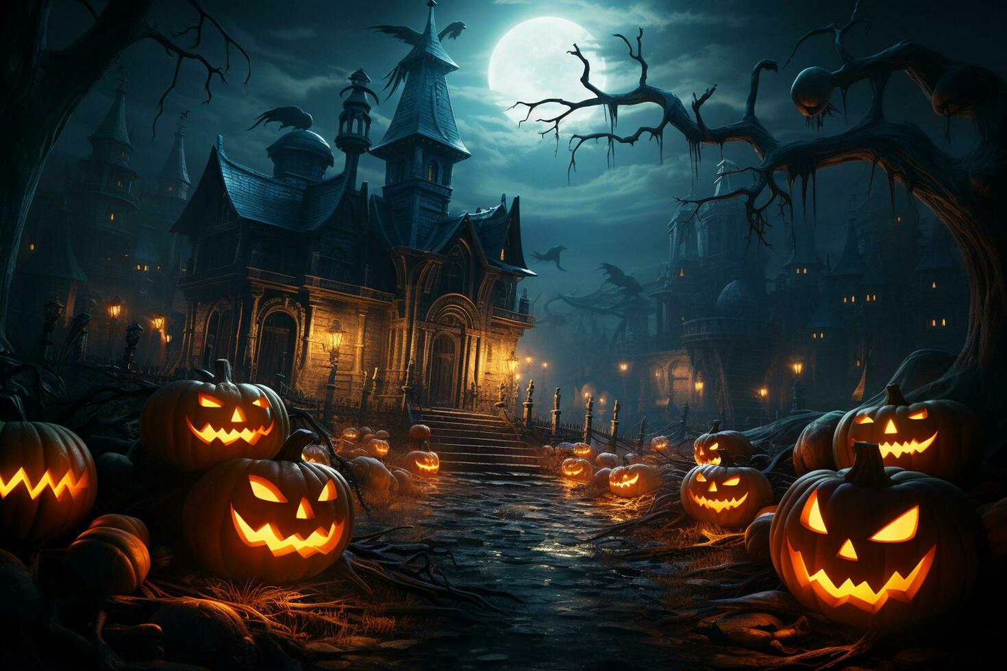 Halloween background with pumpkins and haunted house - 3D render. Halloween background photo