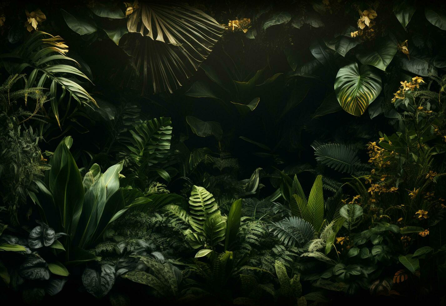 Ai Generative Beautiful jungle background with border made of tropical leaves backdrop with copy space photo