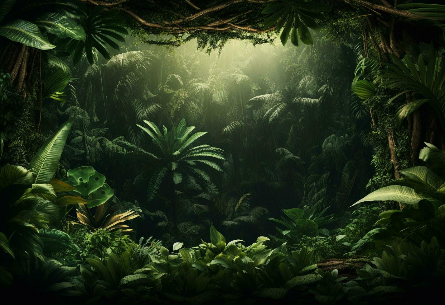 hermosa selva antecedentes con frontera hecho de tropical hojas fondo con Copiar espacio foto