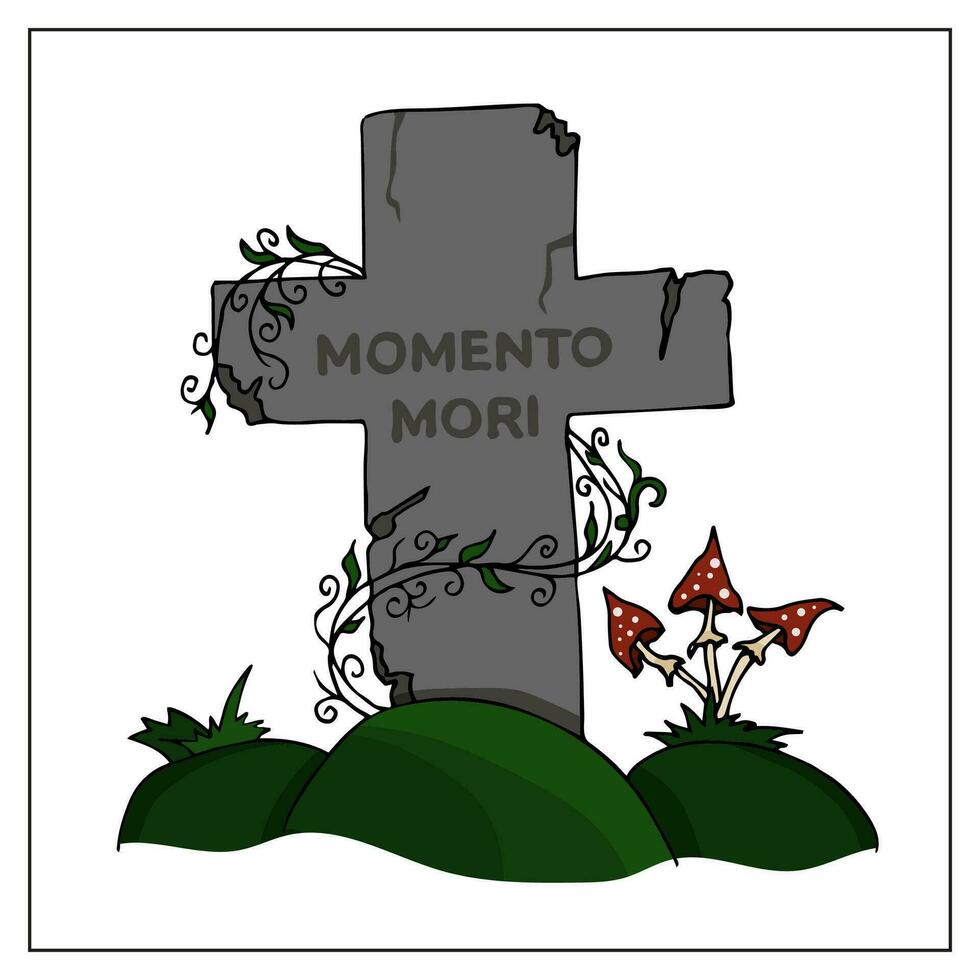 Cartoon Halloween emoji. Weathered tombstone, with inscription. Hand drawn doodle colorful monument on the grave, tomb stone with cracks. vector