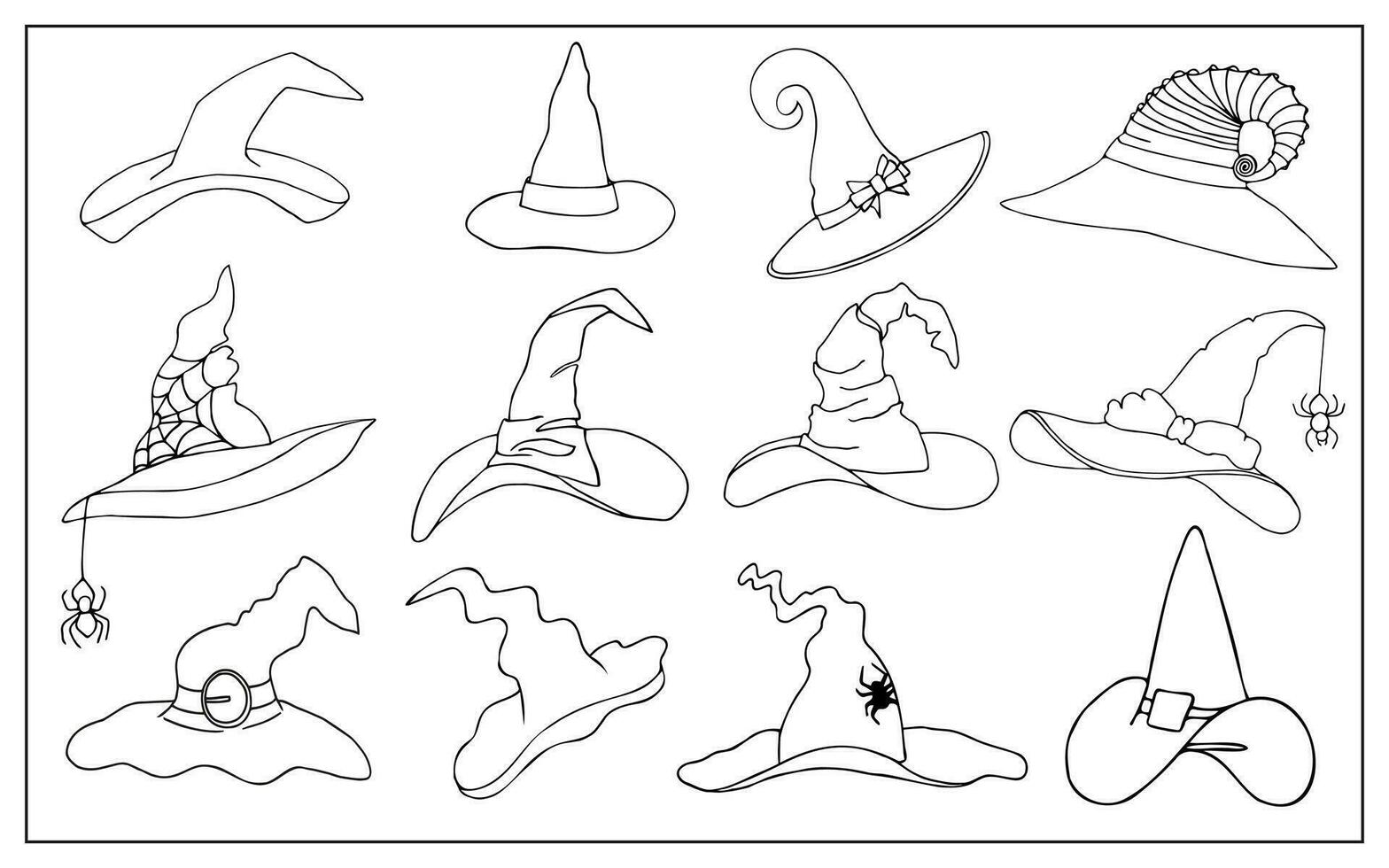 Set of Halloween hats. Cartoon witch, magician and wizard hats or caps. Fantasy character costume elements with spider webs, buckles and bows for coloring books vector