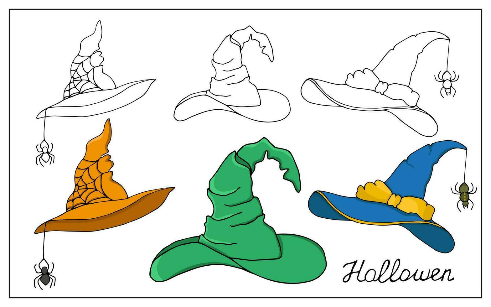 Set of Halloween hats. Cartoon caps of witch, wizard, fairy or stargazer, decorated with ribbons and spiders. Magic headwear for Halloween holiday design. Halloween stickers vector