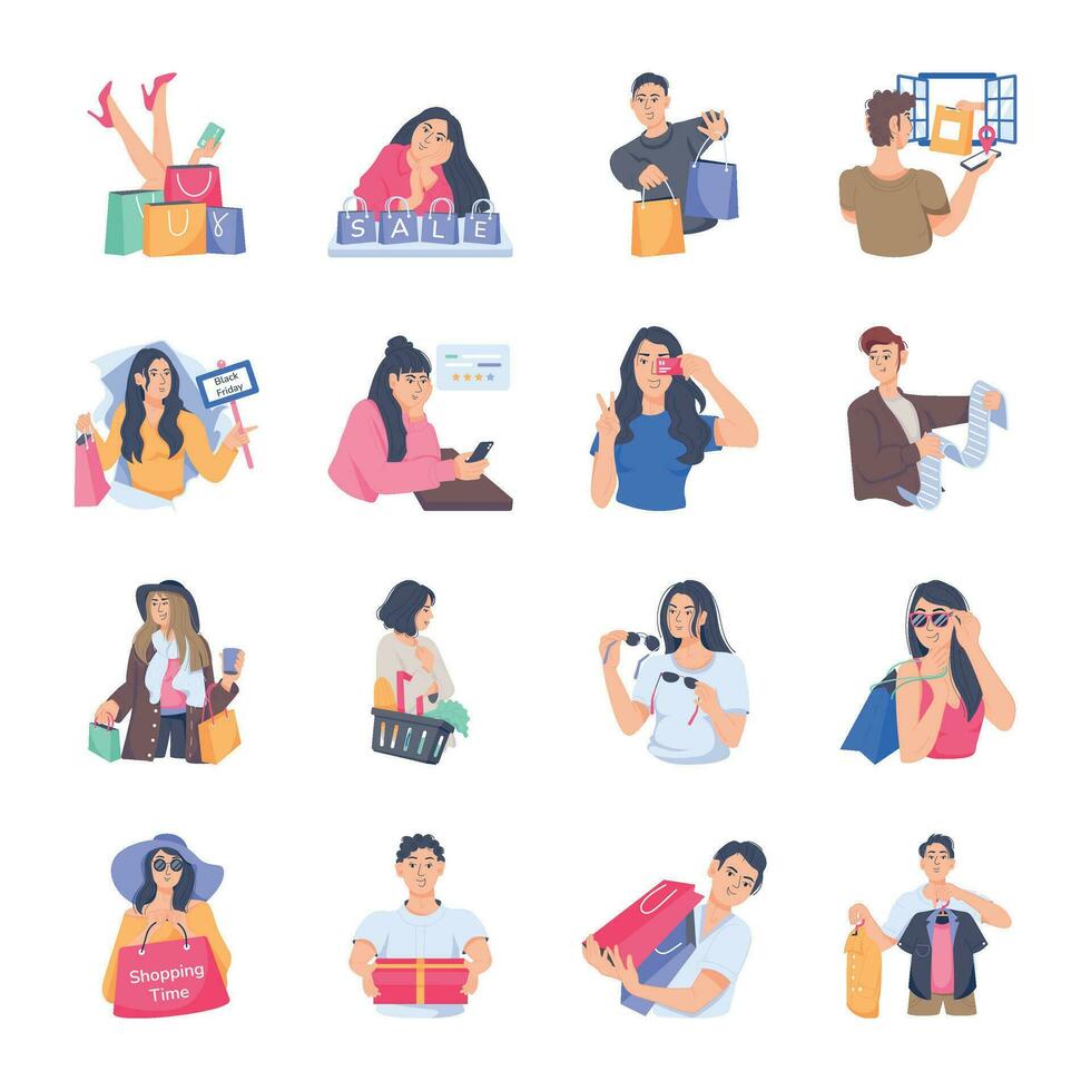 Handy Collections of Happy Buyers Flat Illustrations vector