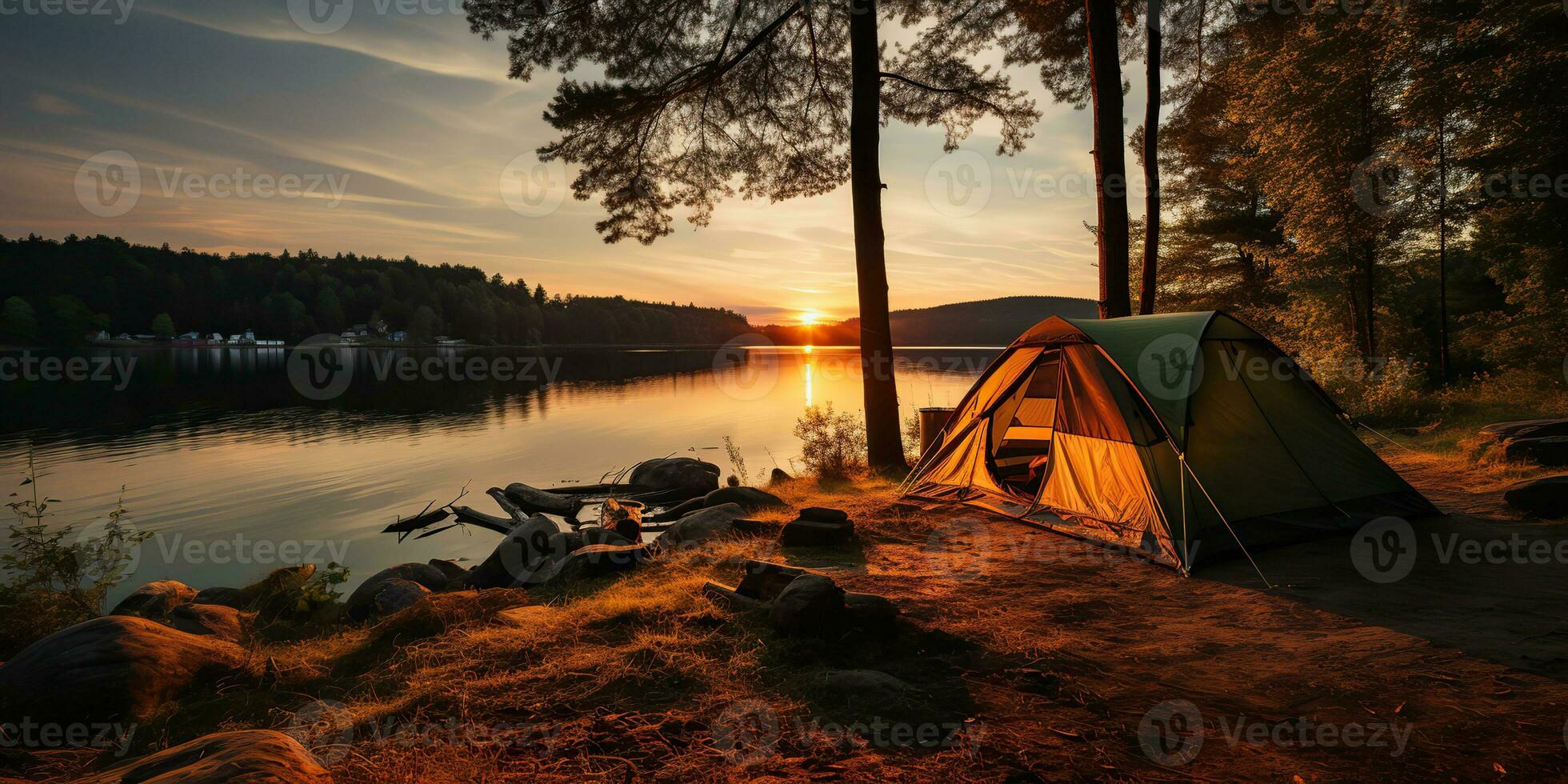 AI Generated. AI Generative. Camping relaxation time tent at lake beautiful landscape background. Adventure vacation rafting time. Graphic Art photo
