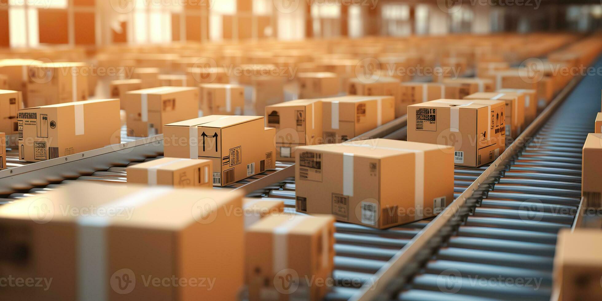 AI Generated. AI Generative. Factory shipping cargo delivery factory conveyor  belt with many cartoon box moving. Graphic Art photo