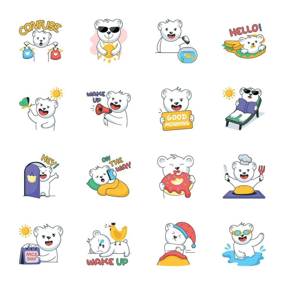 Cute Morning Bear Character Flat Stickers vector