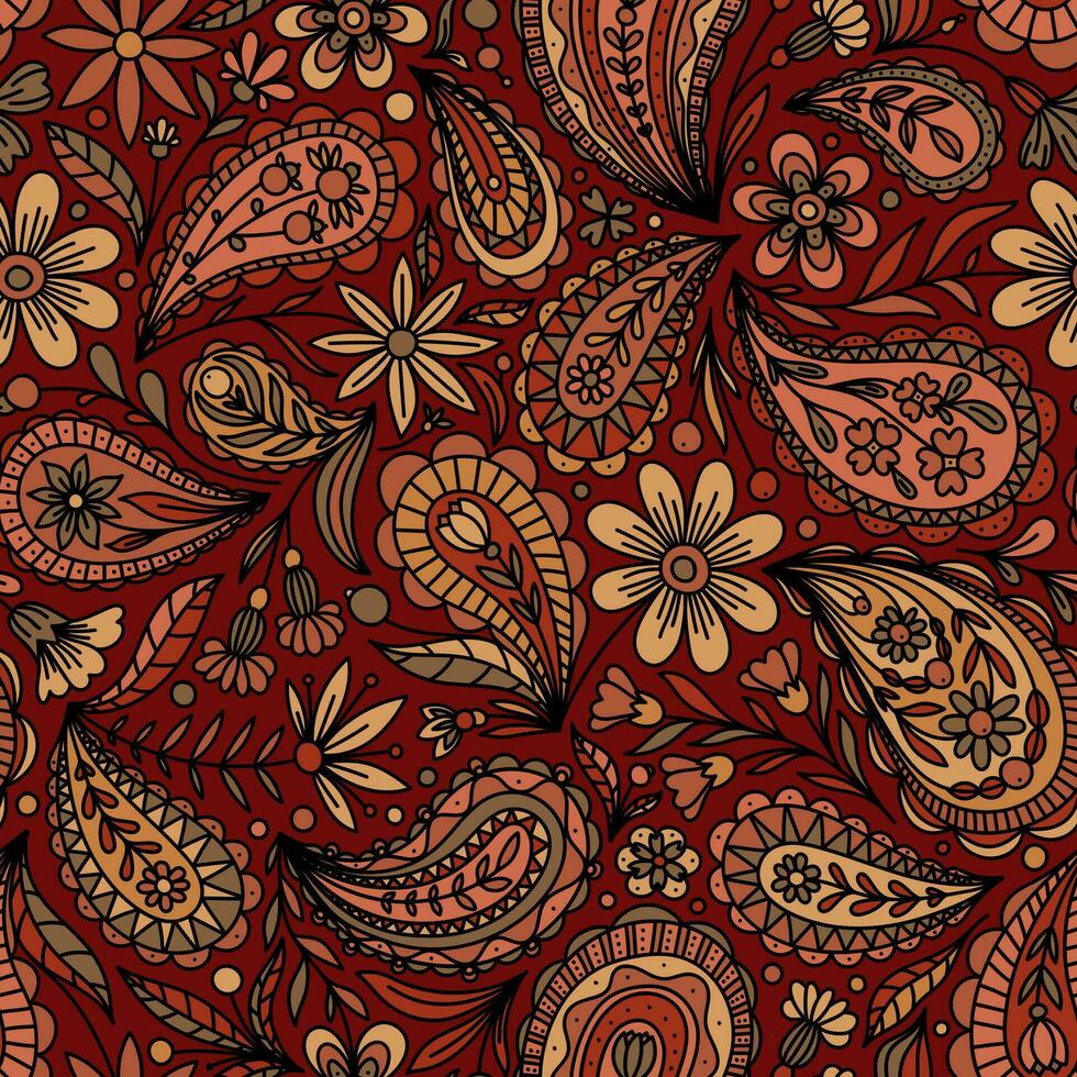 BURGUNDY VECTOR SEAMLESS BACKGROUND WITH MULTICOLORED FLORAL PAISLEY ORNAMENT