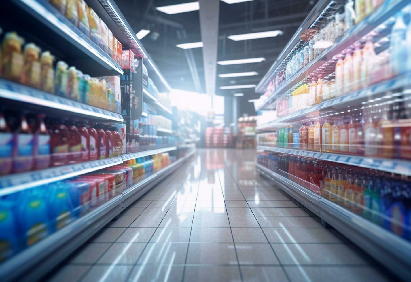 Ai generative Blurry shopping shelves in supermarkets and department stores realistic image ultra hd high design photo