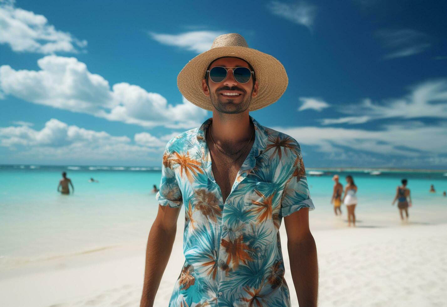 Ai generative back view young tourist man in summer dress and hat standing on beautiful sandy beach. enjoying. photo