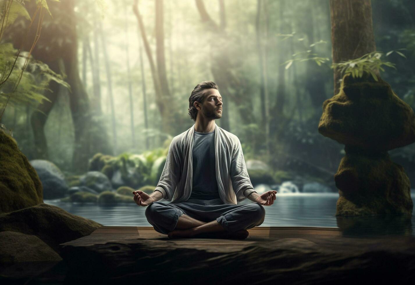 ai generativo foto de un hombre practicando atención plena y meditación en un pacífico natural ambiente sony a7s realista imagen, ultra alta definición, alto diseño muy detallado