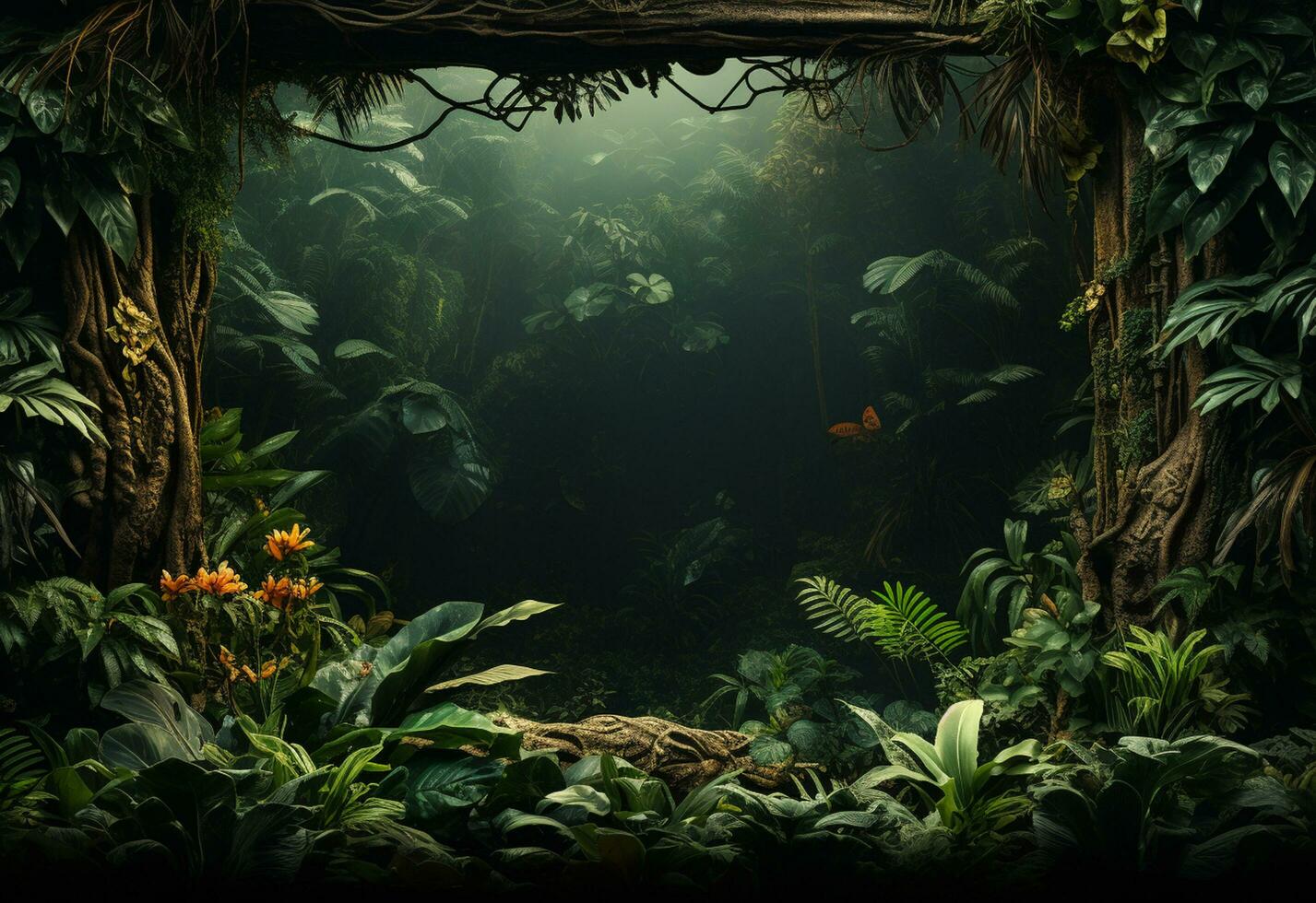 Ai Generative Beautiful jungle background with border made of tropical leaves backdrop with copy space photo