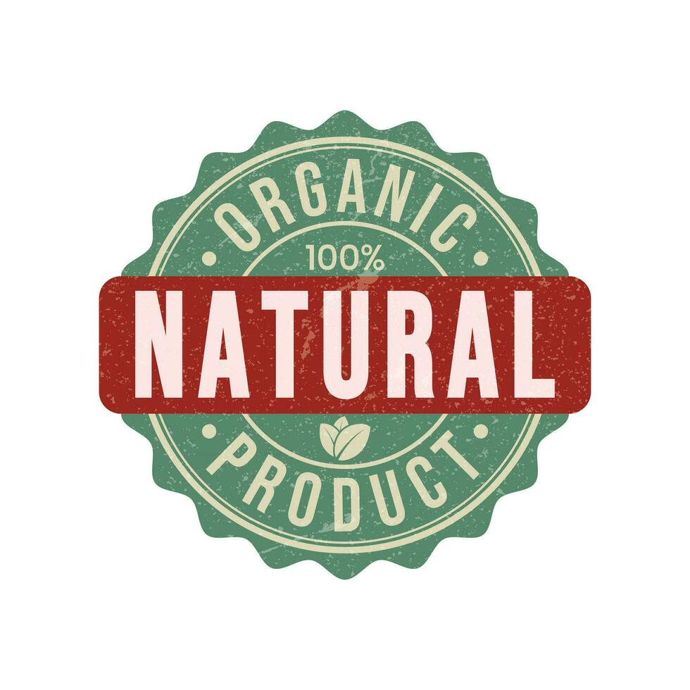 100 por ciento natural y orgánico producto insignia, etiqueta, caucho estampilla, emblema, plantilla, orgánico ingrediente insignia, logo, adecuado para producto embalaje diseño elementos con hoja vector ilustración