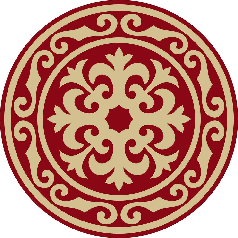 Vector red and gold round Kazakh national ornament. Ethnic pattern of the peoples of the Great Steppe, .Mongols, Kyrgyz, Kalmyks, Buryats. circle, frame border