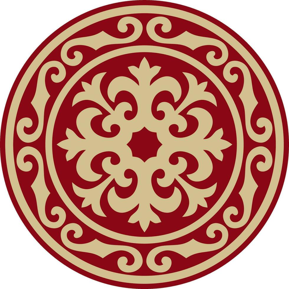 Vector red and gold round Kazakh national ornament. Ethnic pattern of the peoples of the Great Steppe, .Mongols, Kyrgyz, Kalmyks, Buryats. circle, frame border