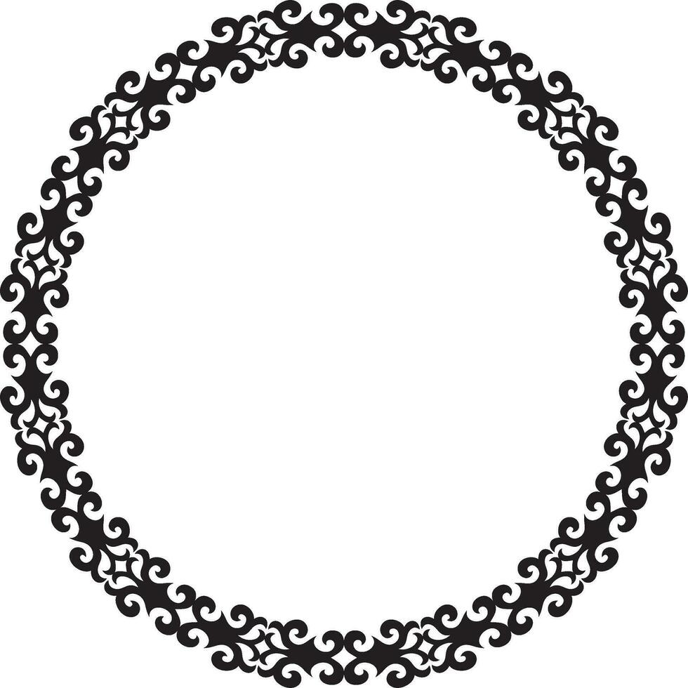 Vector monochrome Kazakh national round pattern, frame. Ethnic ornament of the nomadic peoples of Asia, the Great Steppe, Kazakhs, Kirghiz, Kalmyks, Mongols, Buryats, Turkmens