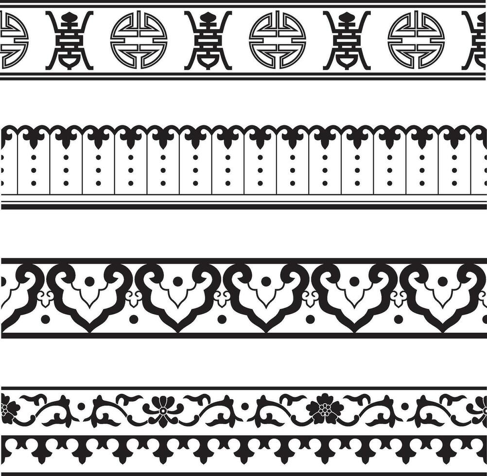 Vector set of monochrome Chinese national ornaments, borders. Asian seamless, endless pattern