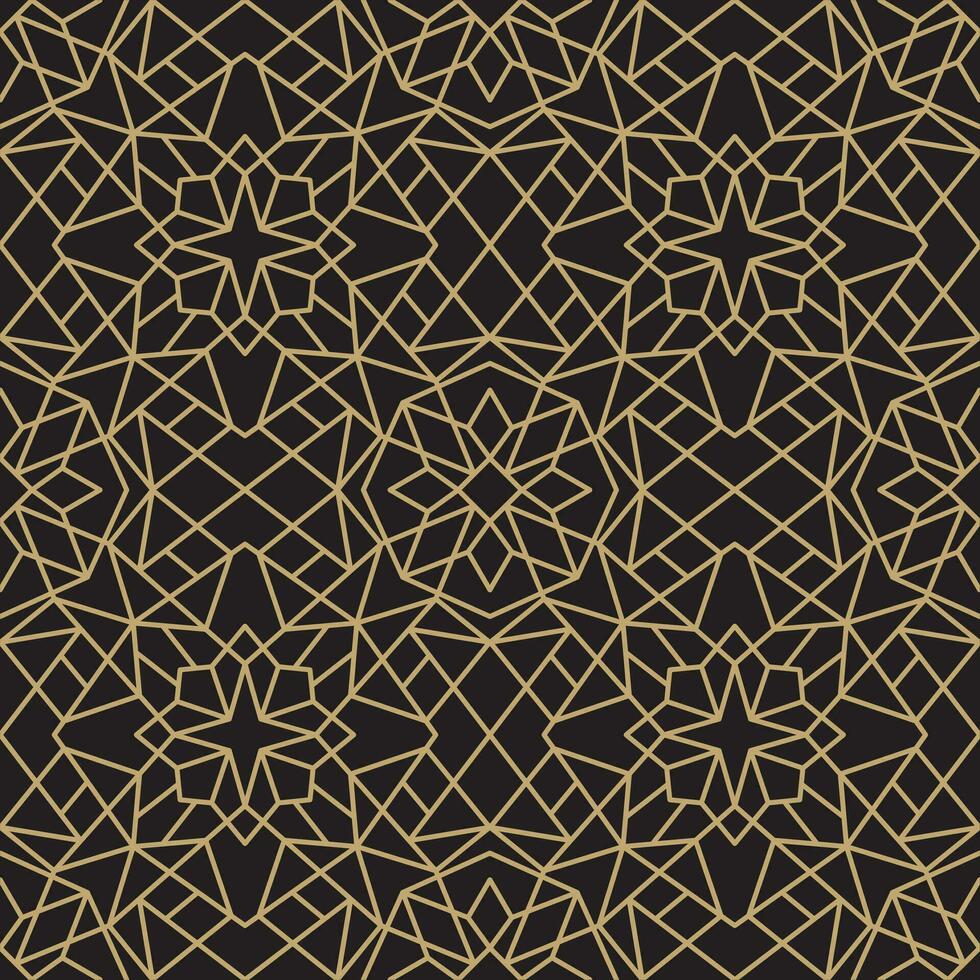 Vector seamless gold ornament on a black background. Pattern for the background. List of the walls of the mosque. Geometric lines