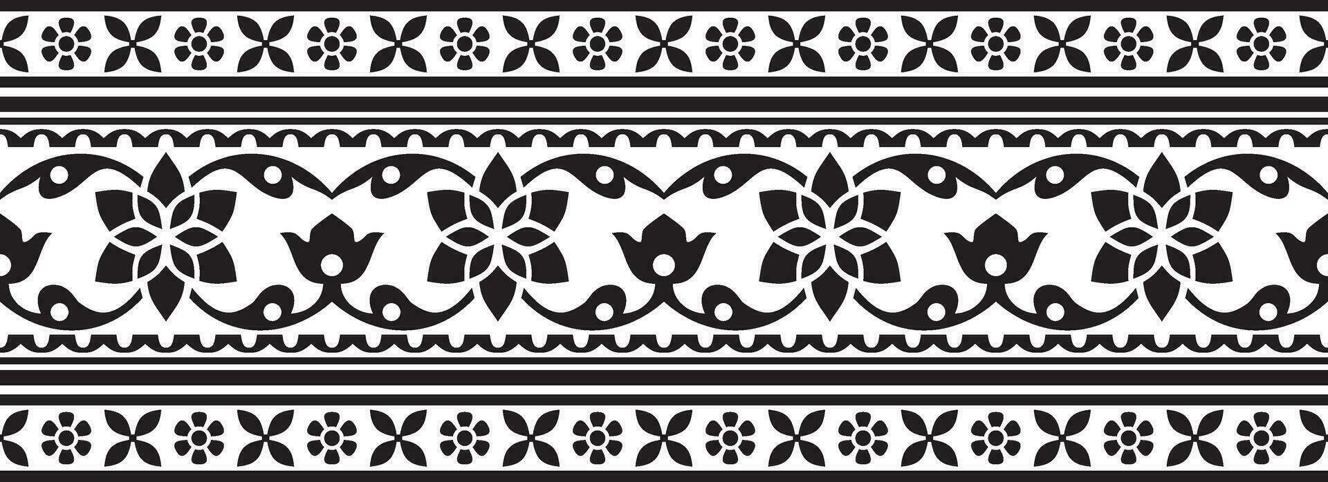 Vector seamless monochrome black Indian national ornament. Ethnic endless plant border. Flowers frame. Poppies and leaves