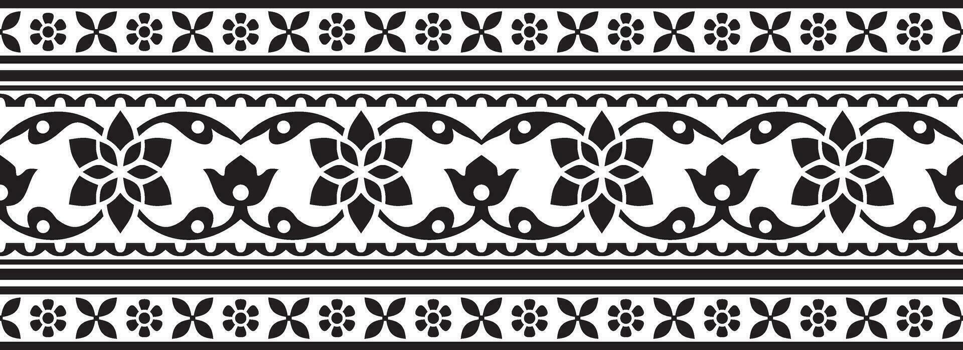 Vector seamless monochrome black Indian national ornament. Ethnic endless plant border. Flowers frame. Poppies and leaves