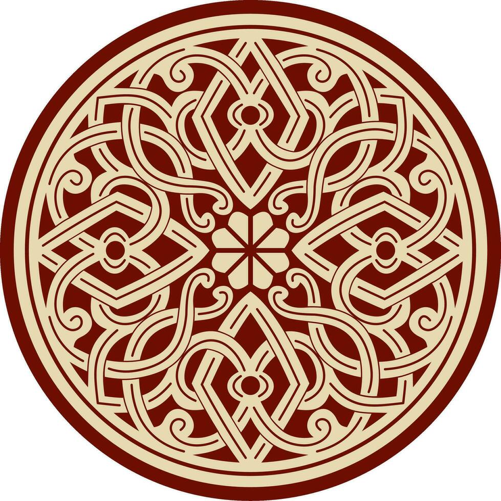 Vector gold and red round ancient Byzantine ornament. Classical circle of the Eastern Roman Empire, Greece. Pattern motifs of Constantinople