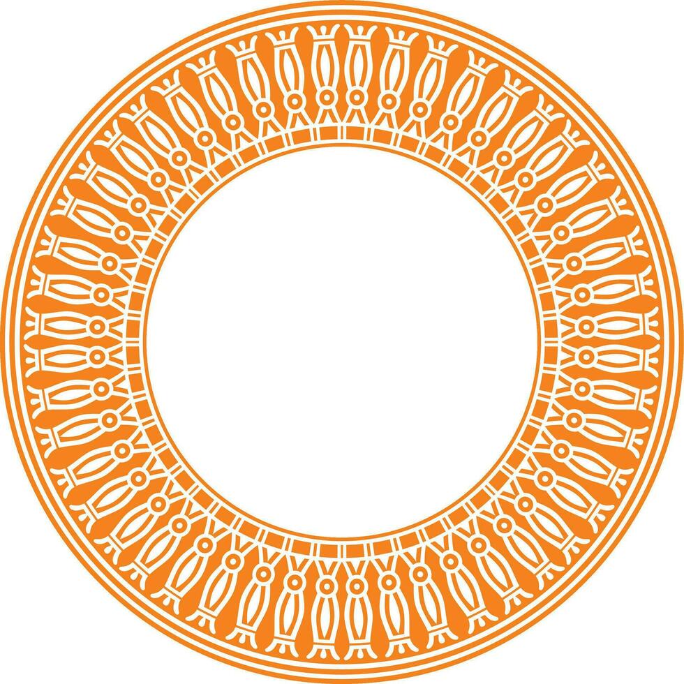 Vector orange round Egyptian border. Circle ornament of ancient Africa. Pattern of lotus flowers and sun.
