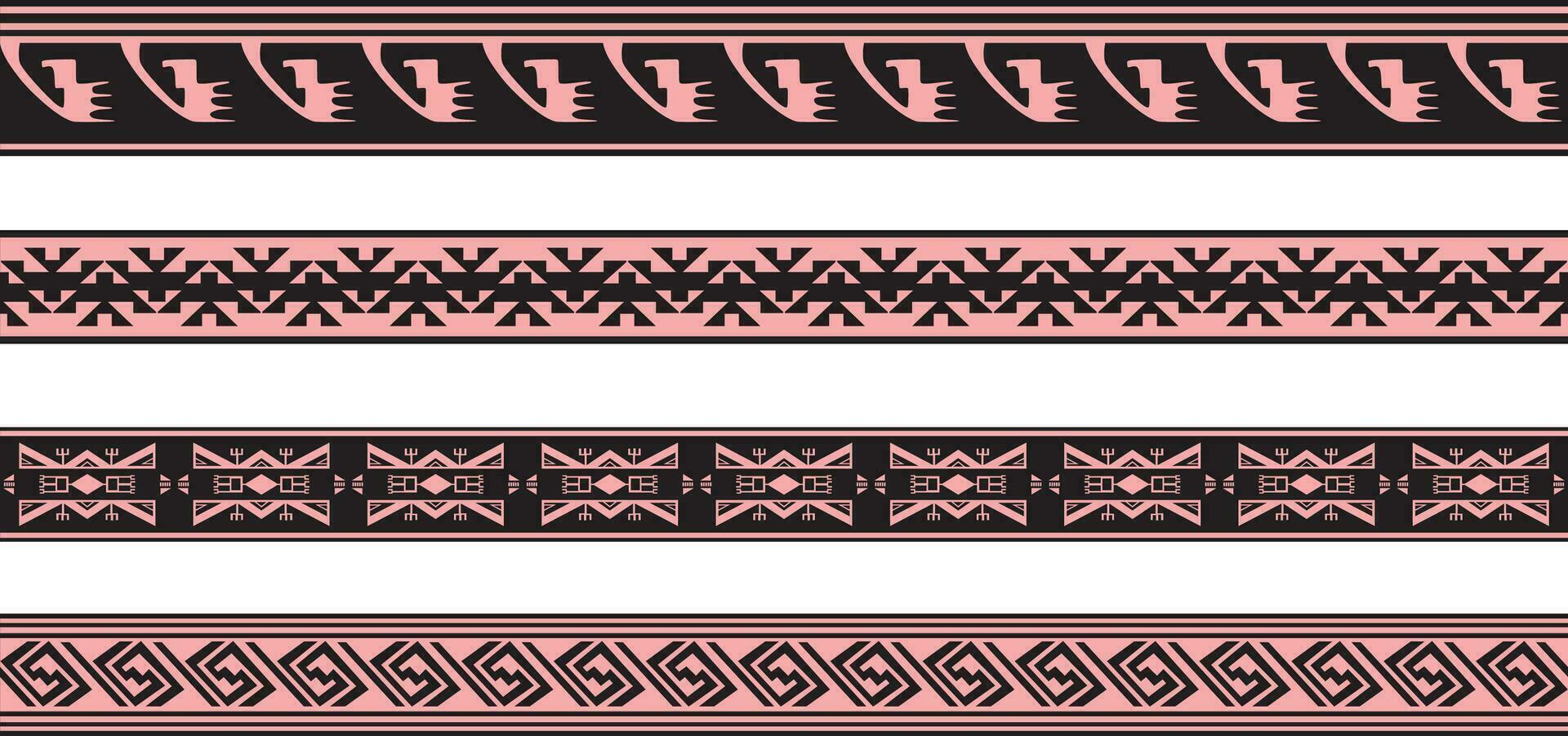 Vector set of pink and black Native American ornamental seamless borders. Framework of the peoples of America, Aztecs, Maya, Incas