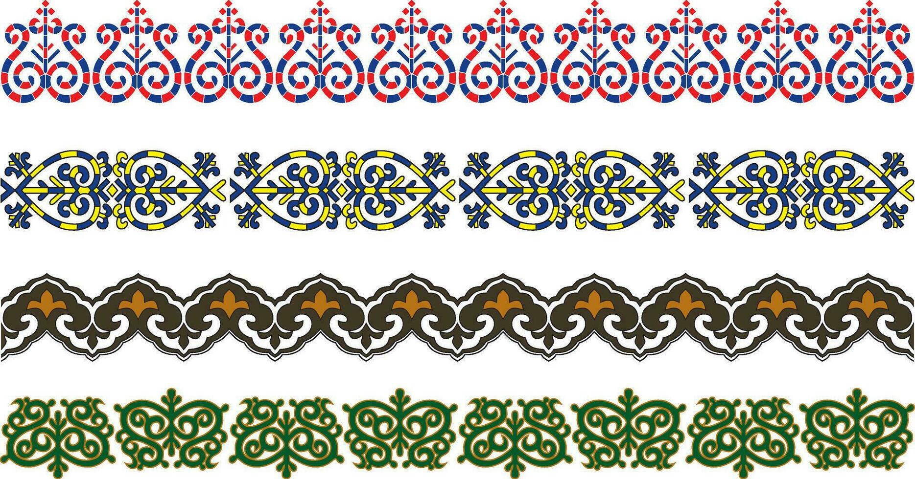 Vector set of seamless endless colored Yakut ornaments. Frames, borders, enclosures, drawing of the Far East.