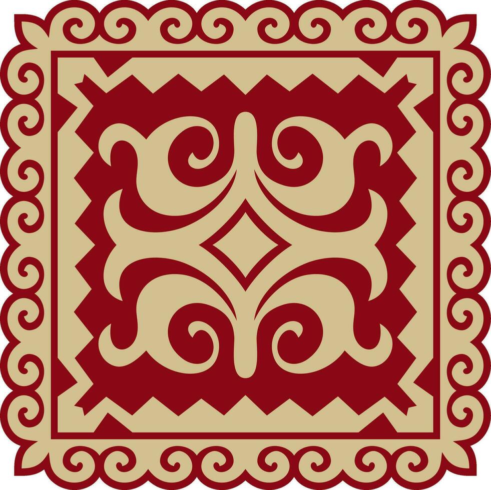 Vector red with gold Square Kazakh national ornament. Ethnic pattern of the peoples of the Great Steppe, Mongols, Kyrgyz, Kalmyks, Buryats