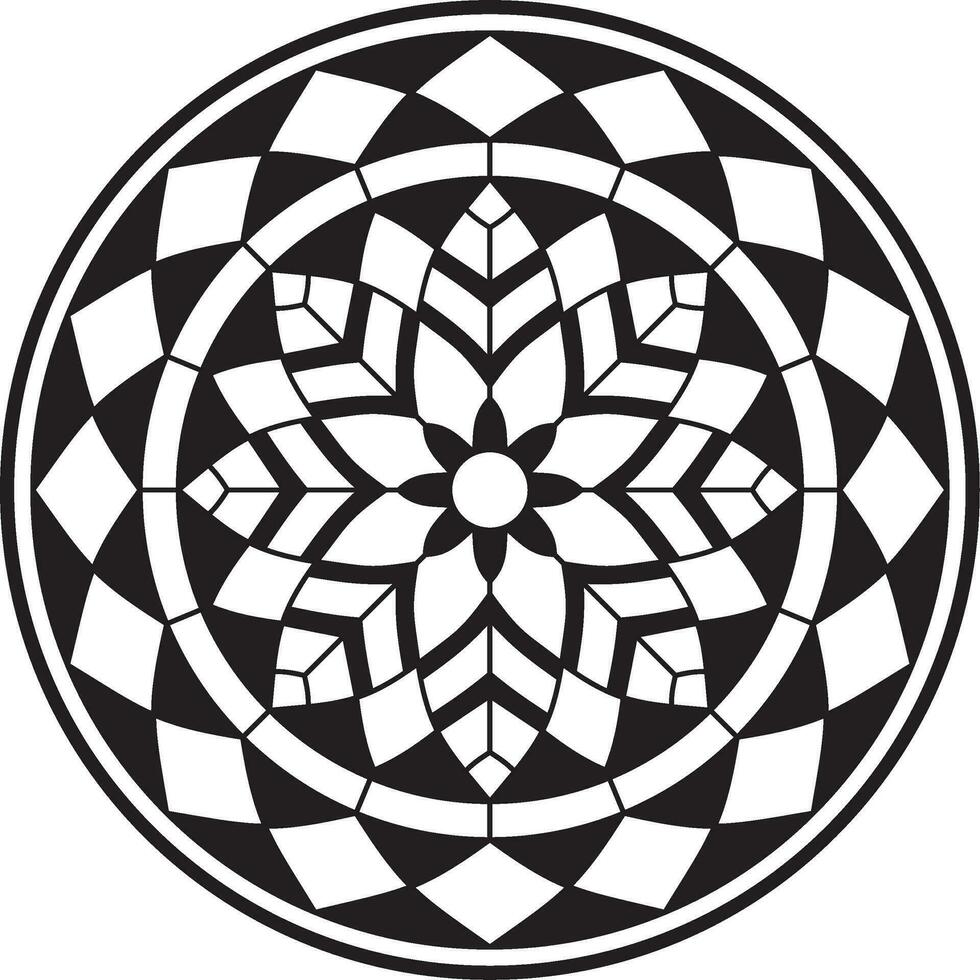 Vector black monochrome round pattern. Mosaic circle, geometric ornament. Sketchy flower