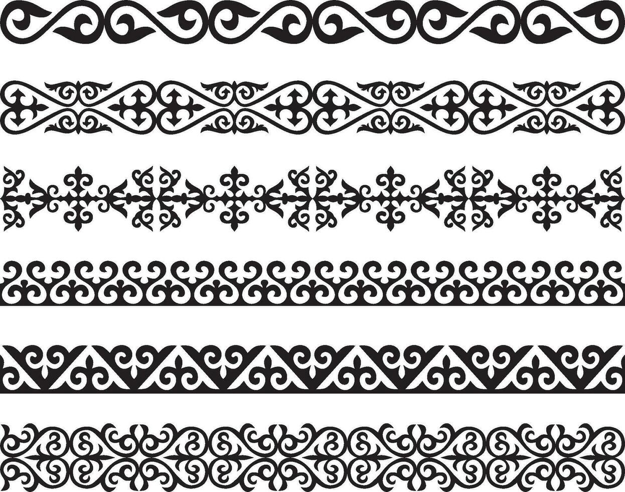 Vector set of Kazakh national ornaments. Borders and frames for sandblasting. Details and elements for design and postcards