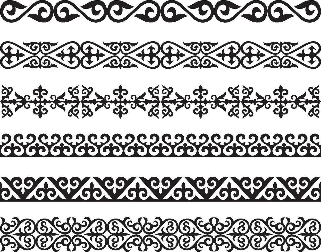 Vector set of Kazakh national ornaments. Borders and frames for sandblasting. Details and elements for design and postcards