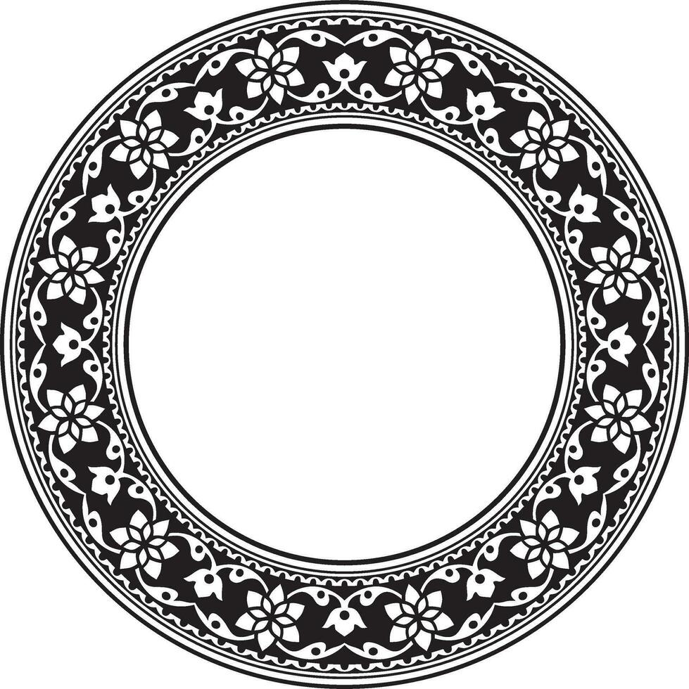Vector round monochrome black Indian national ornament. Ethnic plant circle, border. Frame, flower ring. Poppies and leaves