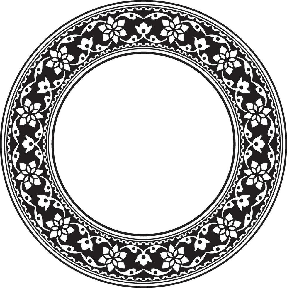 Vector round monochrome black Indian national ornament. Ethnic plant circle, border. Frame, flower ring. Poppies and leaves