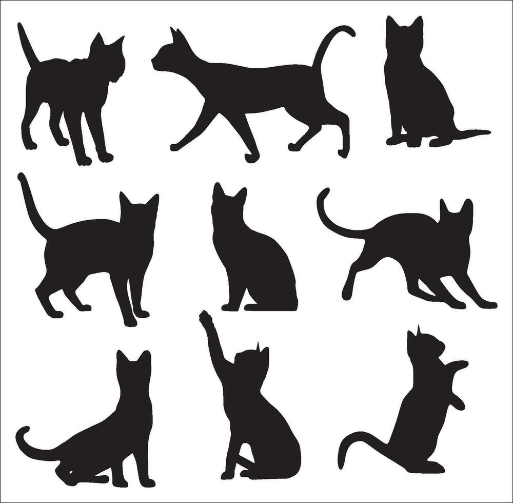 Vector set of silhouettes of cats in various poses. Goes, sits, plays