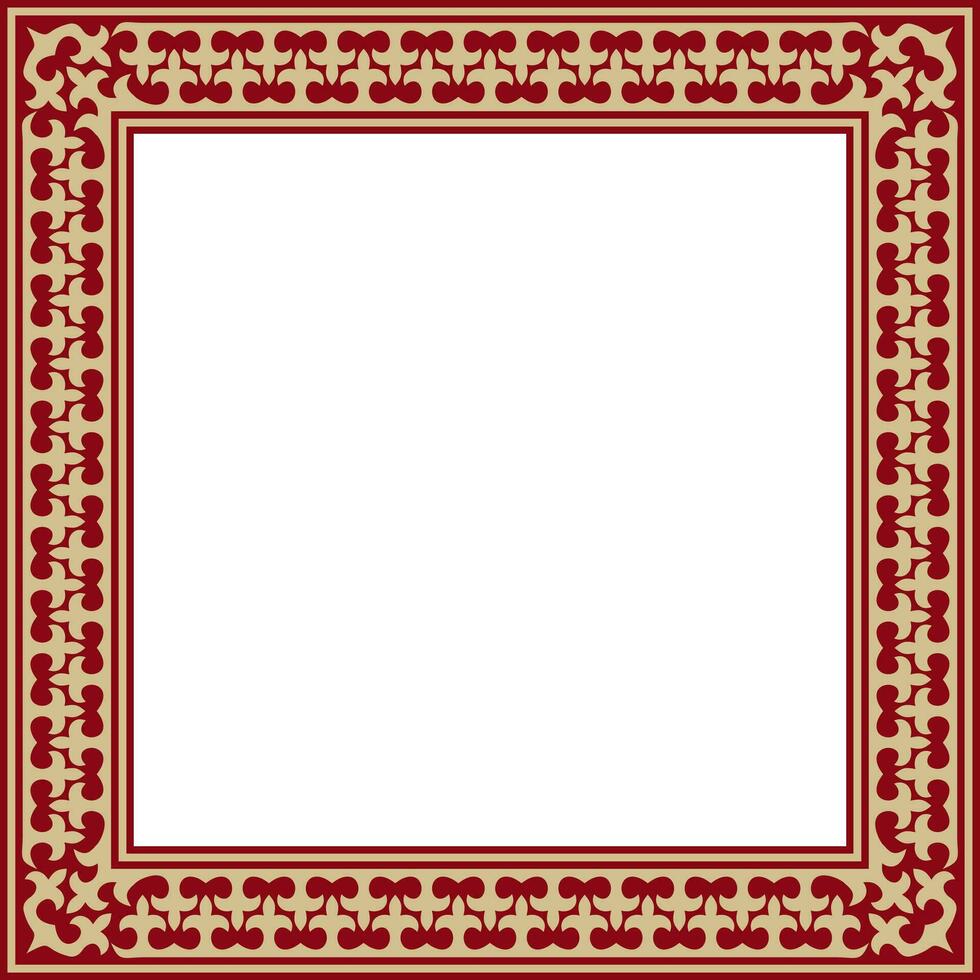 Vector red with gold Square Kazakh national ornament. Ethnic pattern of the peoples of the Great Steppe, .Mongols, Kyrgyz, Kalmyks, Buryats. Square frame border